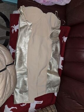 Bundle DEAL - 2 PIECES Fashion Nova Nude Beige Bustier Dress AND Flannel Button